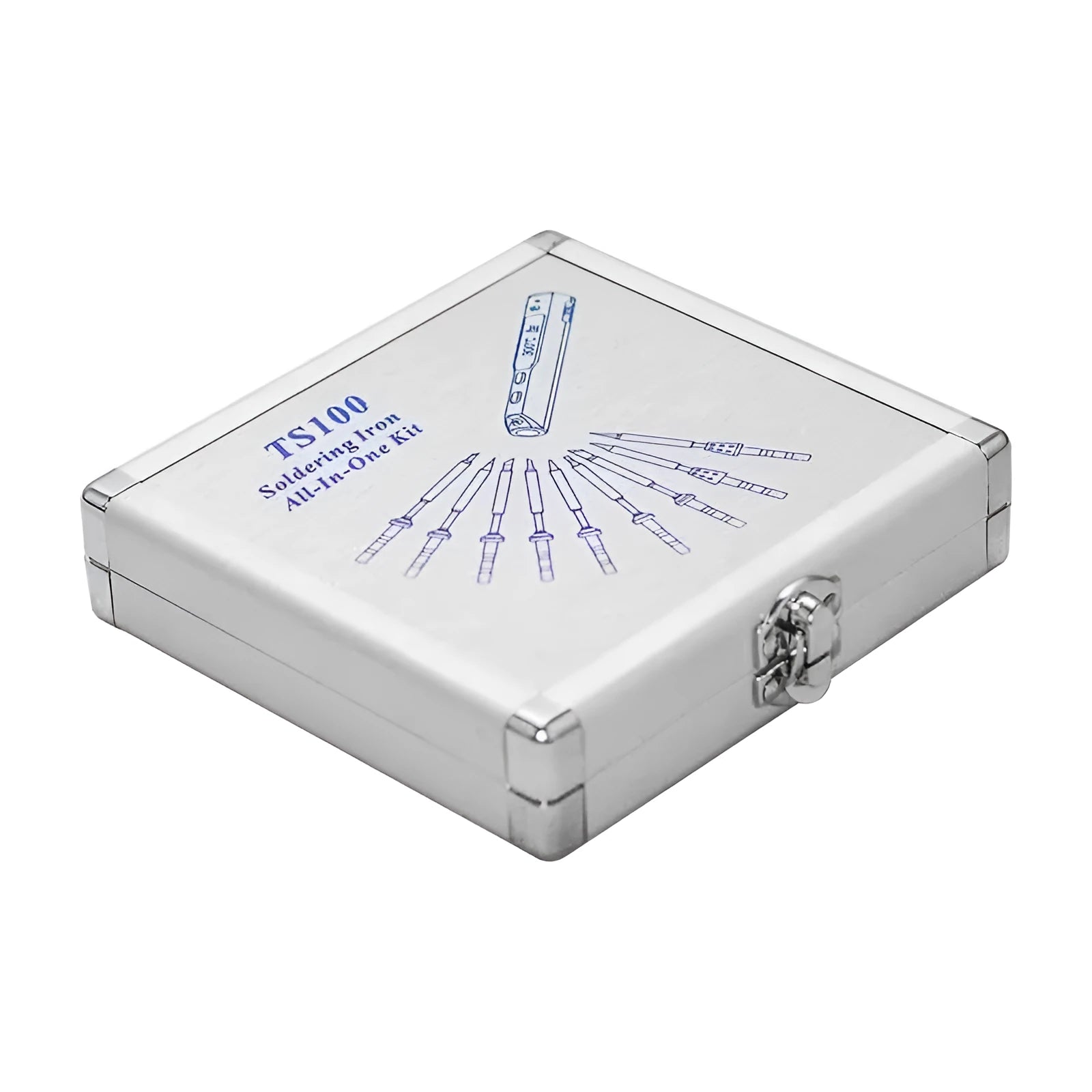 Silver aluminium storage box for TS100 soldering iron, 154x147x36mm, on a flat surface