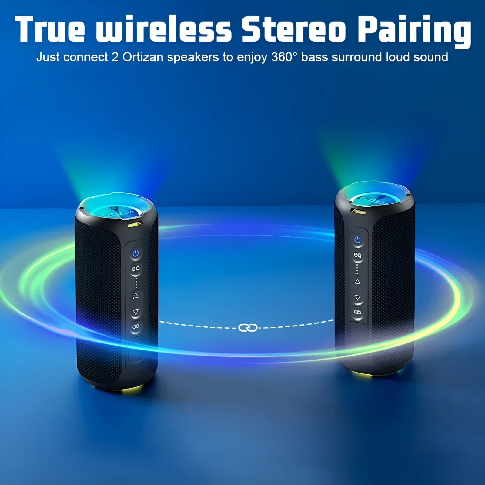 Black and blue fabric Bluetooth speaker with LED lights, showing side view with control buttons.