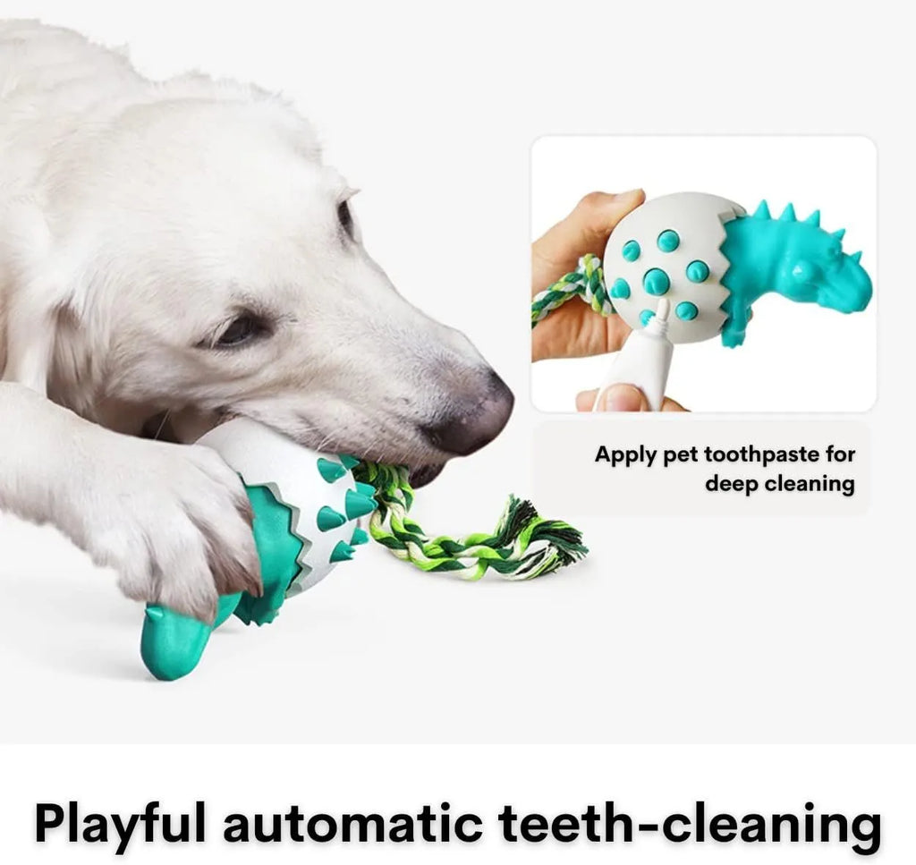 Blue dinosaur-shaped durable rubber dog chew toy with a knotted rope centre for aggressive chewers.