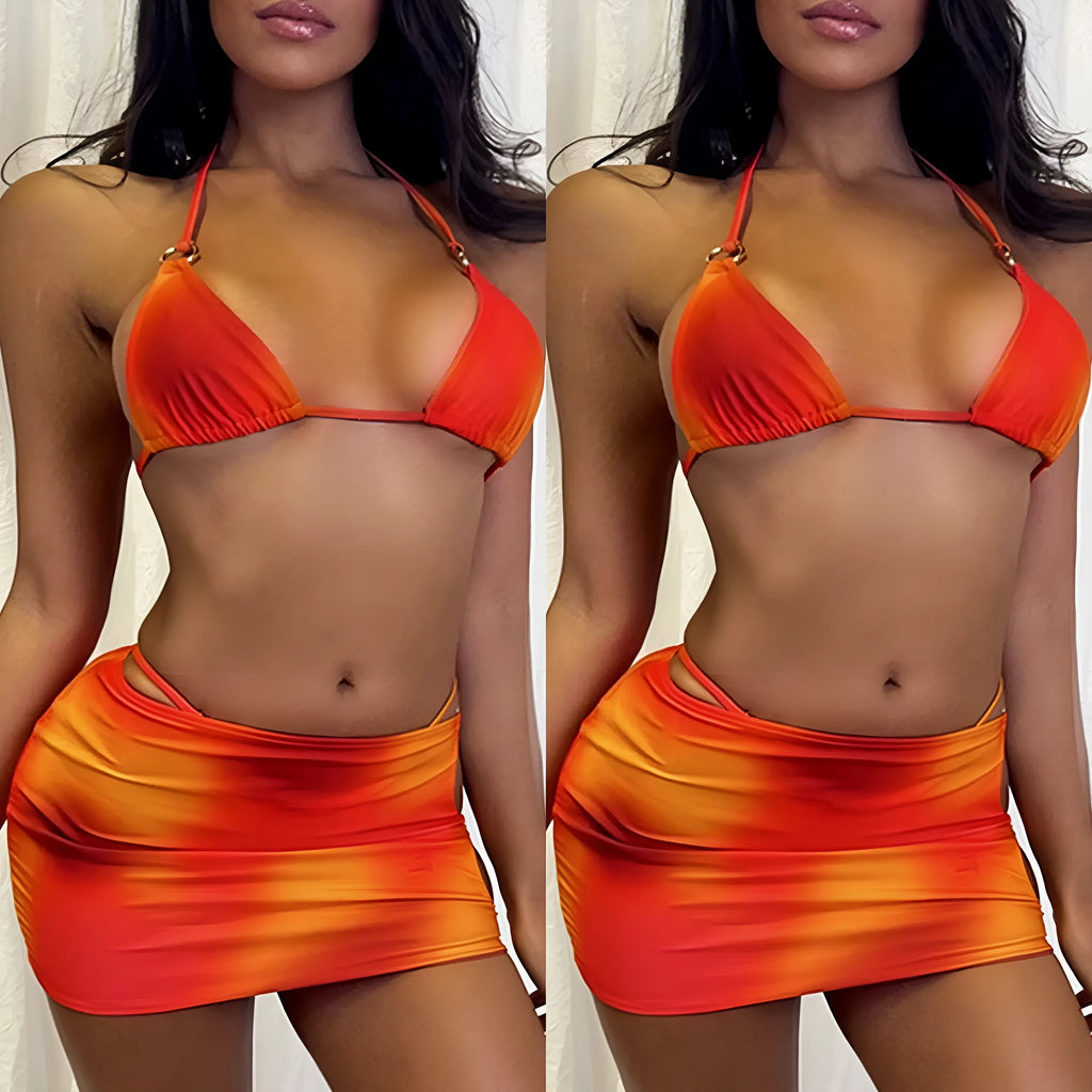 Women's gradient tie-dye three-piece halter bikini swimsuit set with skirt