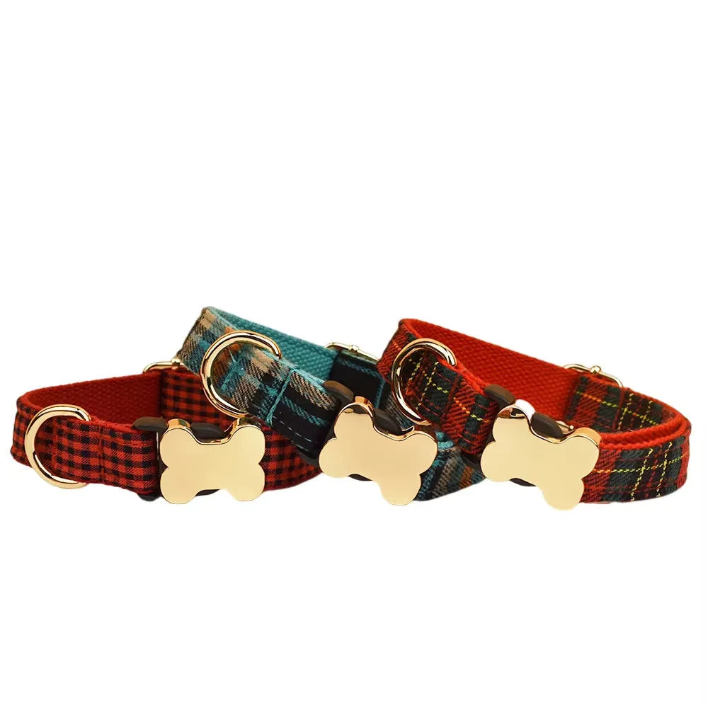 Flat woven nylon dog collar with printed grid pattern and bone-shaped buckle in multiple colour options