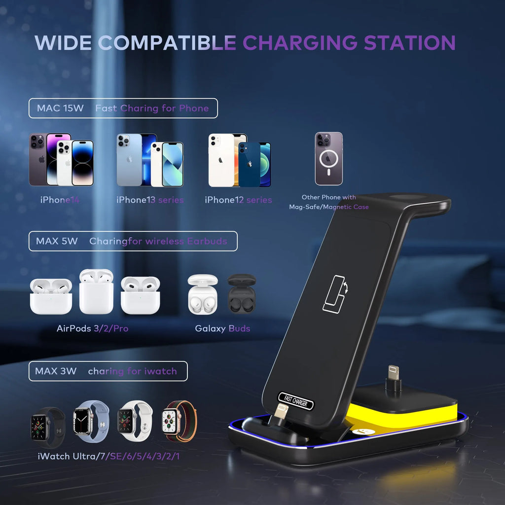 Black and white vertical wireless charging stand for mobile phone, smartwatch, and headset.