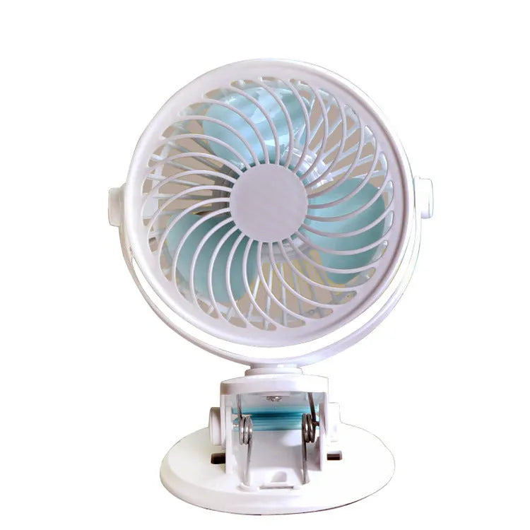USB desk fan shown as both clip-mounted and floor-standing versions with three blades and mechanical dial control