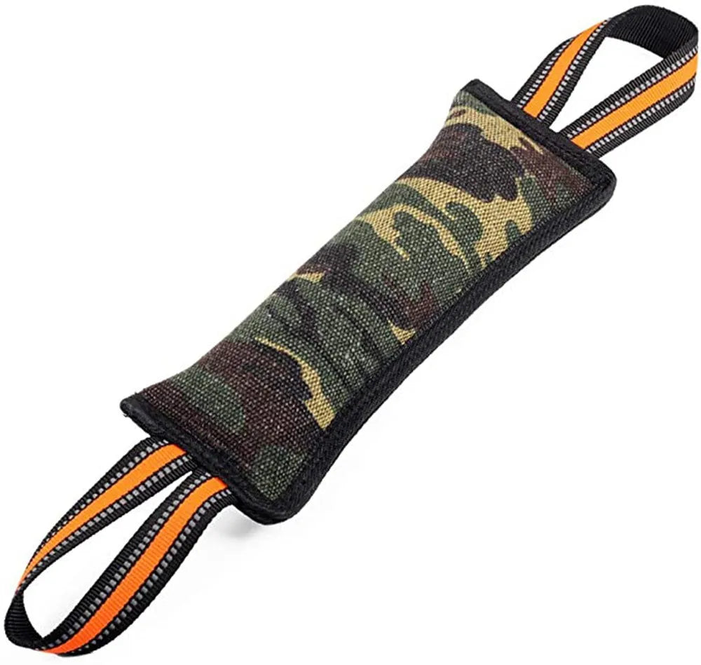 Reflective dog training bite stick with jute surface and yellow edge, 55cm total length, on outdoor ground