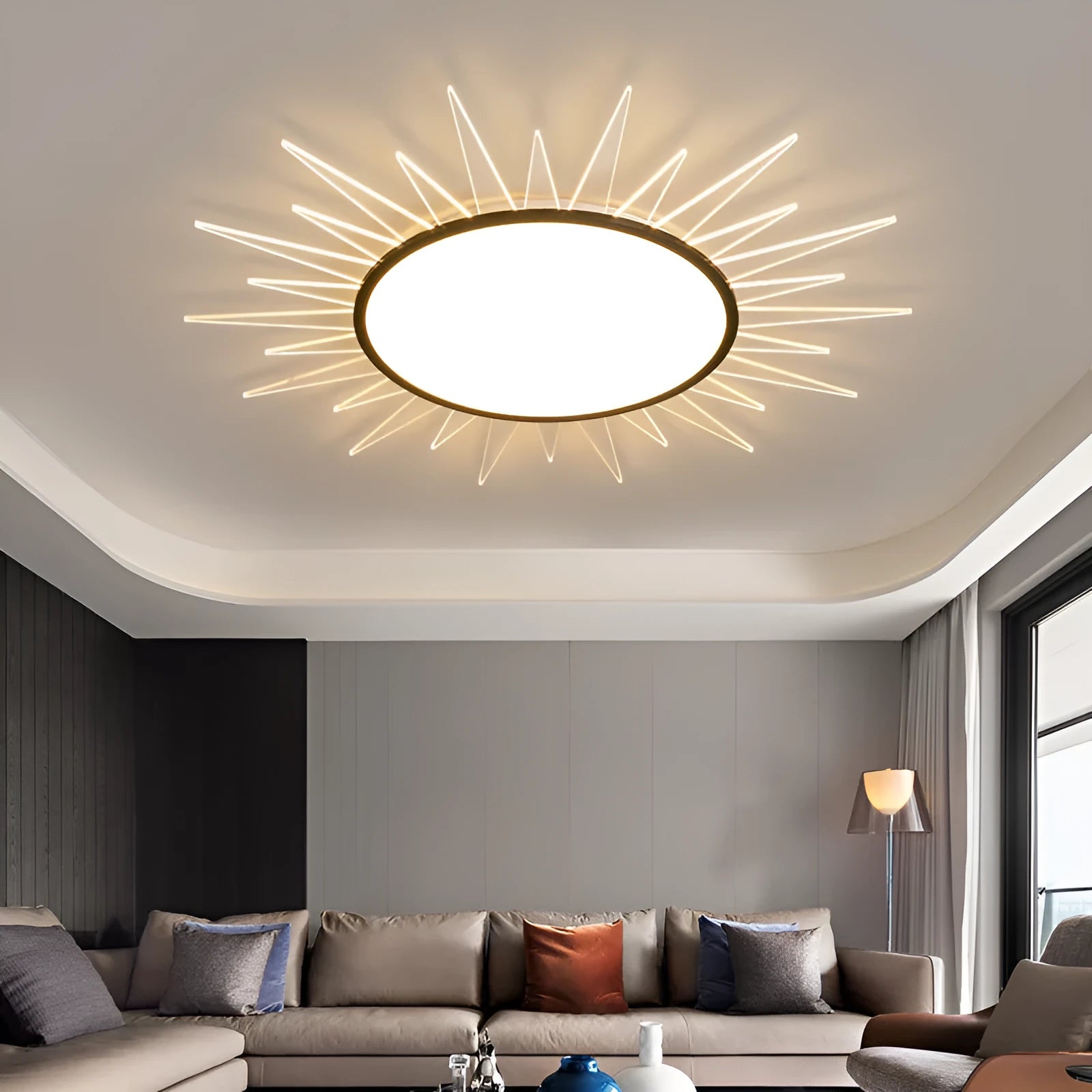 Modern circular aluminium LED ceiling lamp with remote control for dimming adjustments