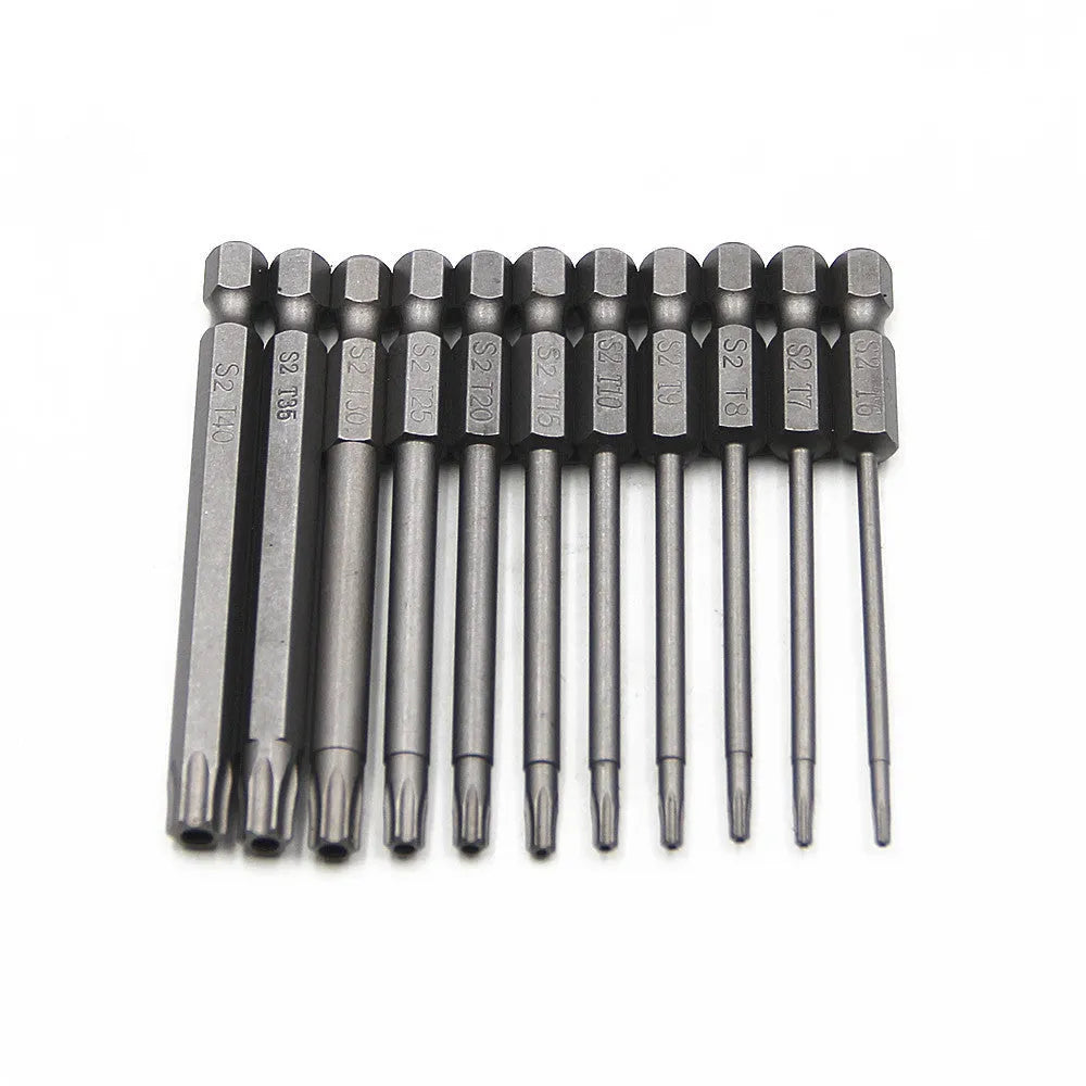 Alloy hexagon handle screwdriver bit set with plum blossom hollow bits in 50mm, 75mm, and 100mm lengths on a workbench