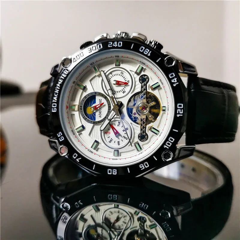 Men's automatic mechanical watch with 12mm case in various colour combinations including silver, black steel and gold steel options