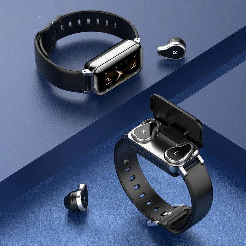 2-in-1 smartwatch with Bluetooth earbuds, TPU wristband, black blue gold colours, 1.14-inch touchscreen