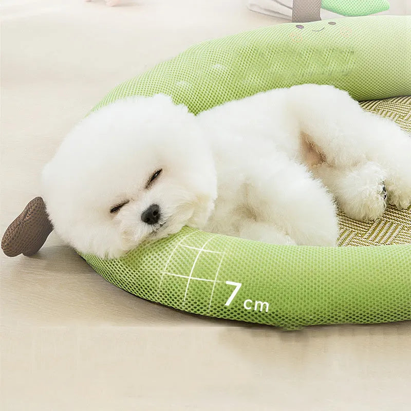 Green bear design pet cooling nest mat with raised edges and a fruit-shaped backrest.
