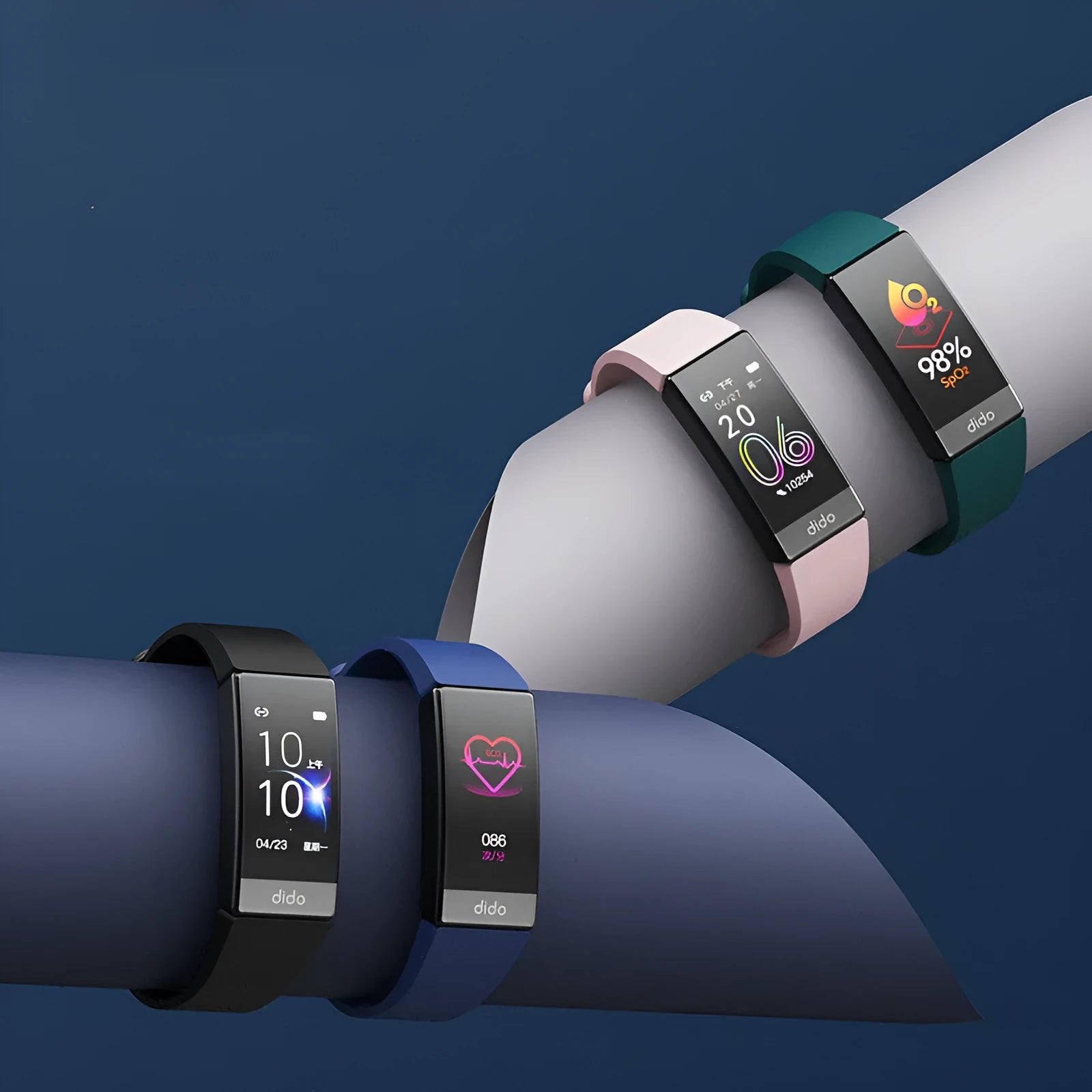 Black smart health bracelet with ECG, blood pressure and blood oxygen monitoring on wrist