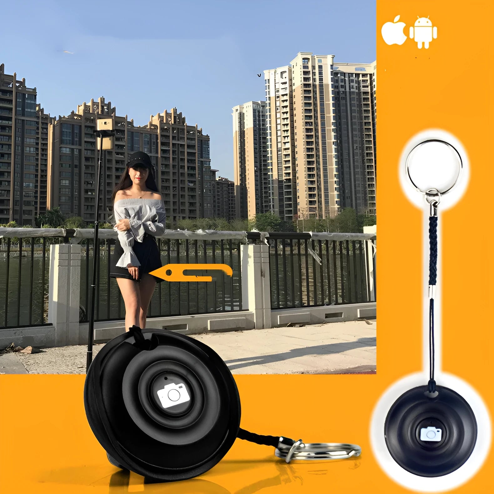 Black Bluetooth selfie remote control with snap attachment for smartphone photography