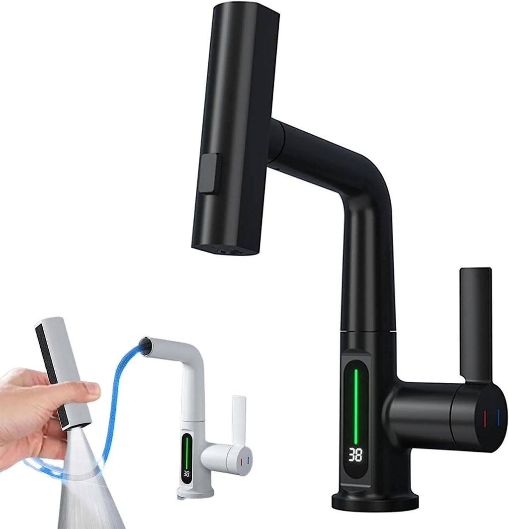 Intelligent digital display pull-out basin faucet with LED temperature screen, copper finish, and 60cm hose