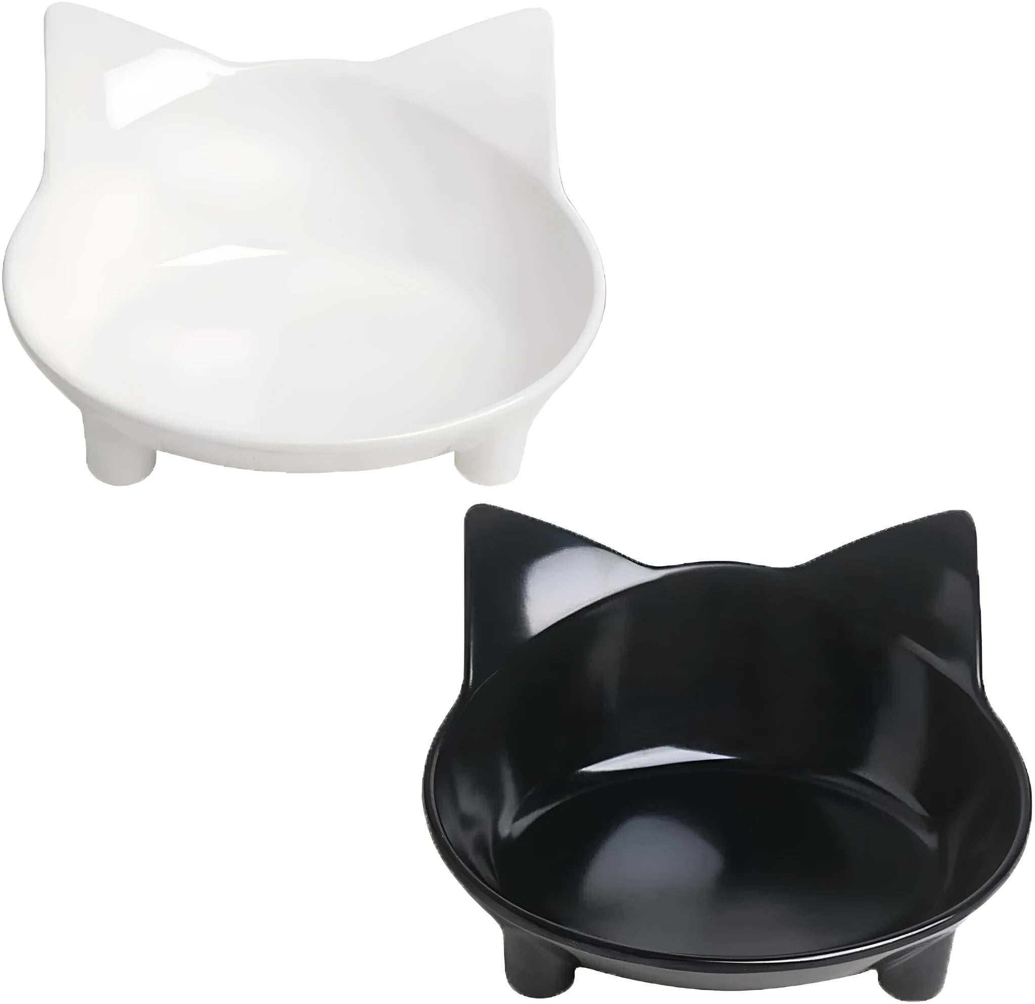 White shallow melamine cat bowl with non-slip rubber base on a wooden floor.