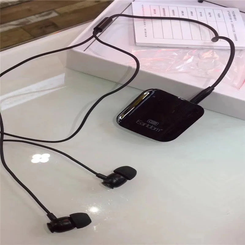 Black Bluetooth lavalier headphones with neckband design and earpieces