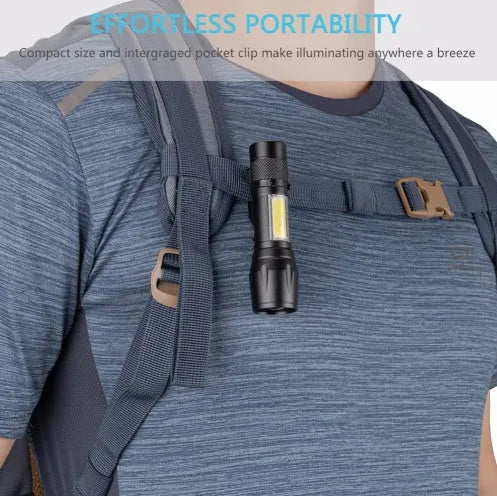 Compact black aluminium telescopic LED flashlight with pocket clip and zoomable head