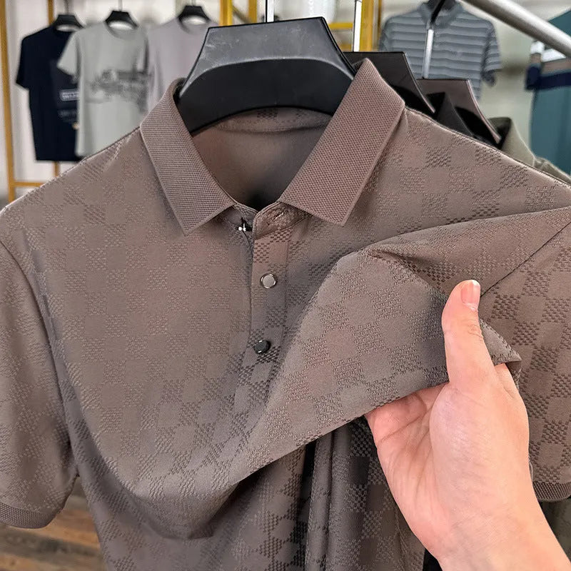 Rhombus pattern thin ice silk short sleeve t-shirt in black, shown with a slit detail.
