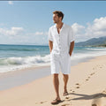 Men's linen blend short sleeve shirt and shorts set in khaki colour on a hanger.