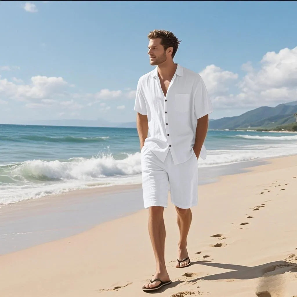 Men's linen blend short sleeve shirt and shorts set in khaki colour on a hanger.