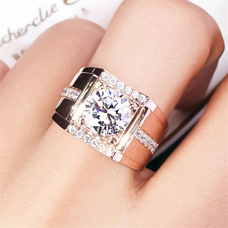 Men's geometric diamond zircon ring with adjustable open mouth design in rose gold colour.