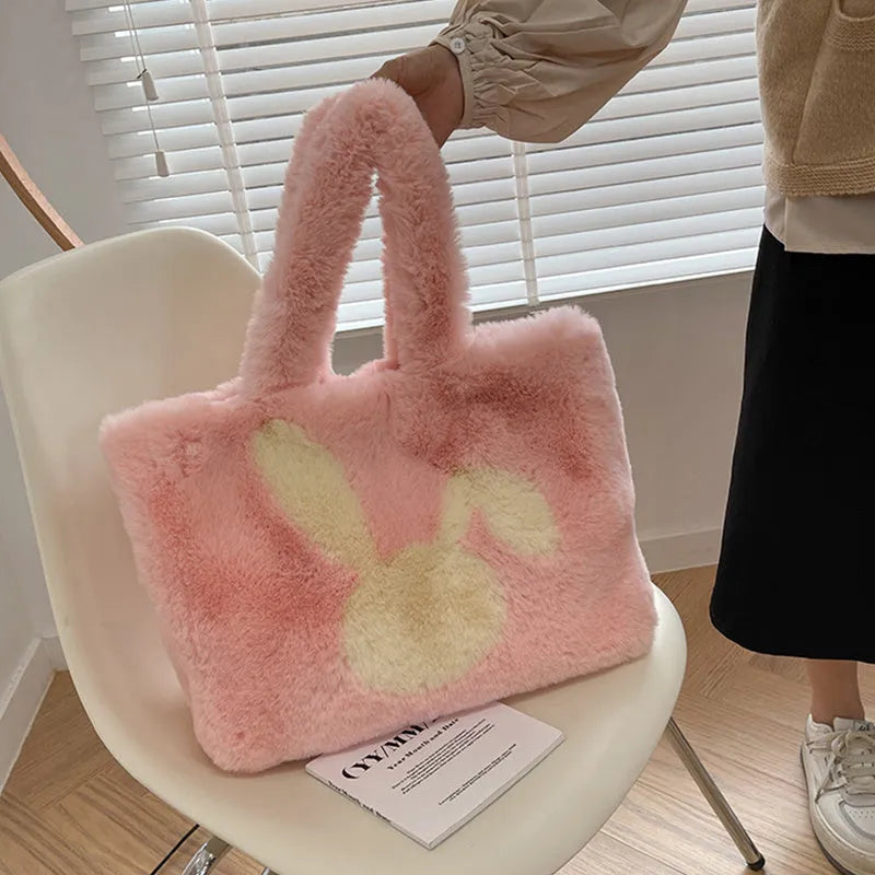 Plush cartoon rabbit ears shoulder bag in solid colour with large tote capacity