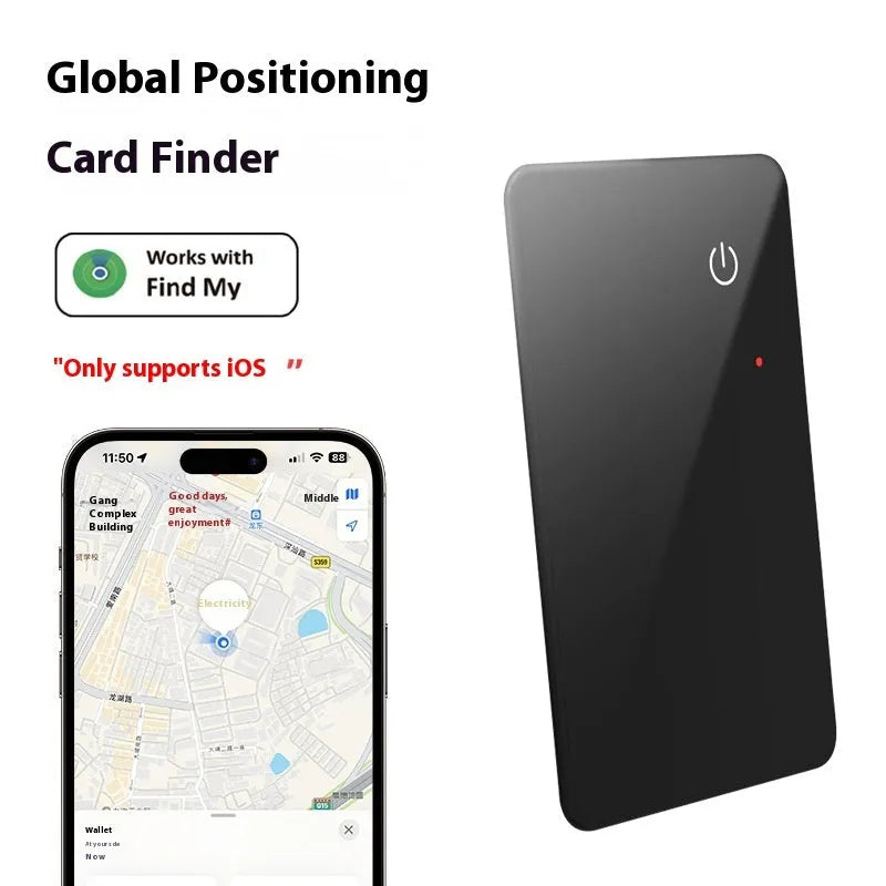 Black pet tracking locator card with wireless charging and NFC, constructed from ABS and glass, 85x54x2.1 mm
