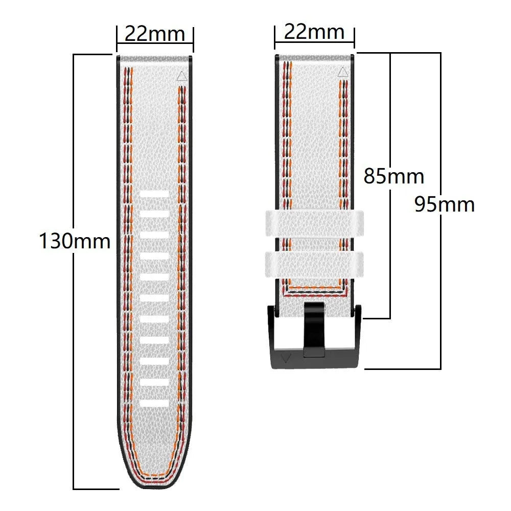 Silicone leather quick release watchband for Garmin Fenix smartwatch in black, shown alongside brown and white colour options.