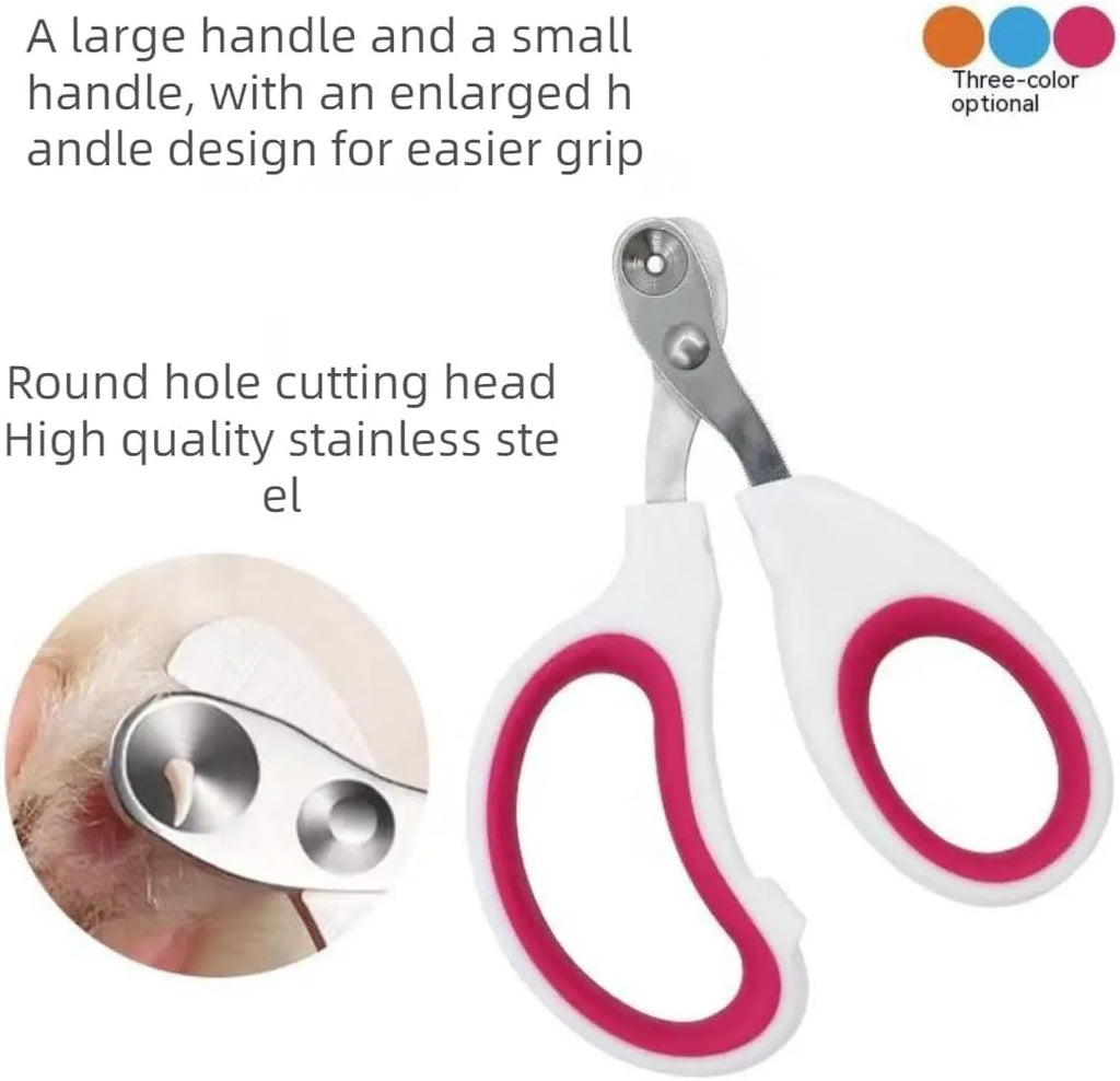 Blue professional pet nail clippers with circular safety hole and non-slip handle.