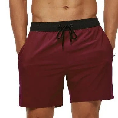 Men's blue stitching waist drawstring athletic shorts with zipper pocket and padding