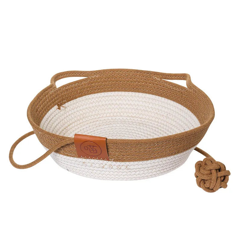 Woven cat nest mat in brown with cotton string stitching texture on a pet bed