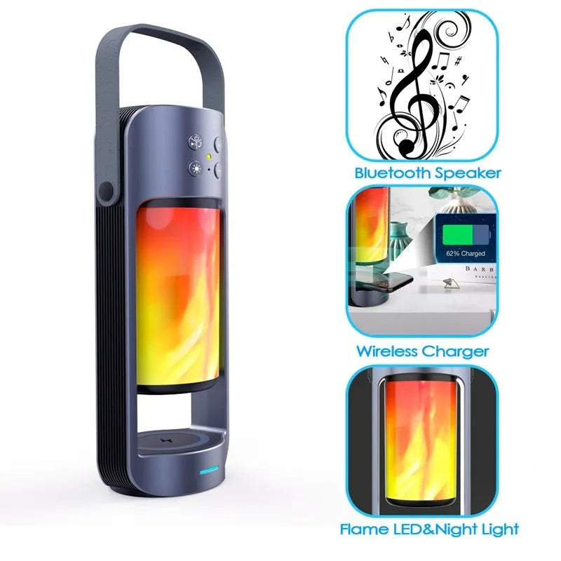 Portable Alpha Flame Light Bluetooth speaker with realistic dancing flame effect and wireless charging function in blue