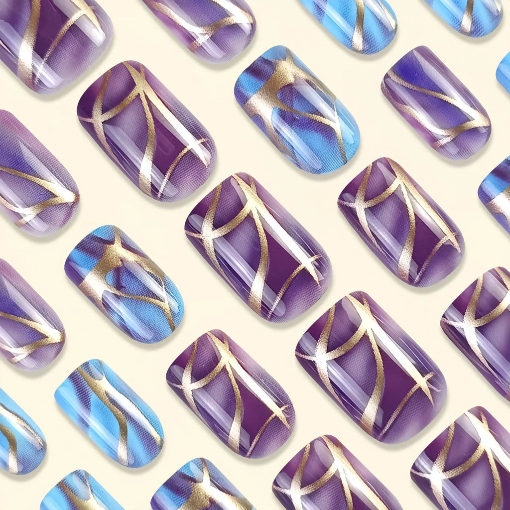 Purple striped medium length nail stickers in European and American style design