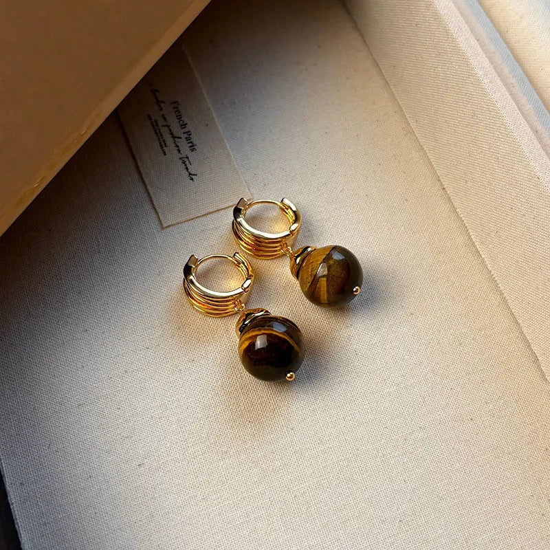 Geometric circular tigereye earrings with gold plating in French retro style