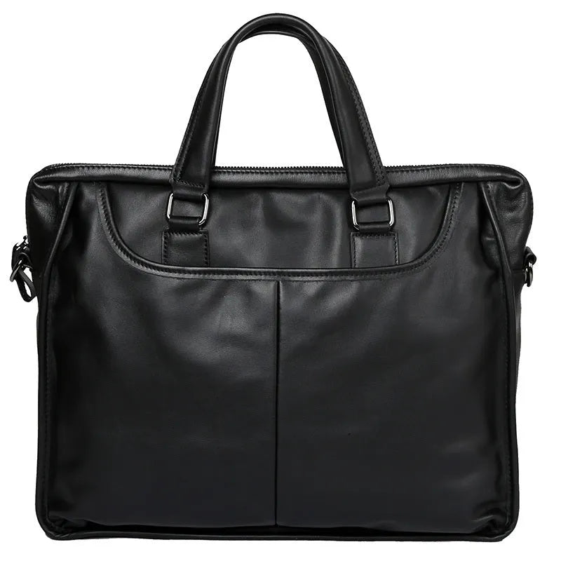 Black men's leather leisure briefcase with top layer cow hide, zipper closure, and shoulder strap