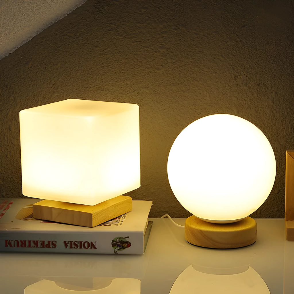 Nordic-style solid wood USB table lamp in geometric shape with touch dimming control