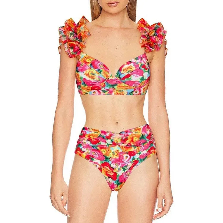 Y311 floral high waist push up bikini split swimsuit in blue floral print with brief and skirt options