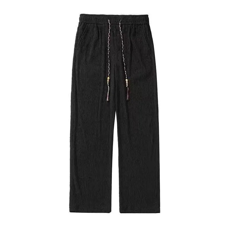 Men's loose straight drooping texture polyester trousers in black for summer daily wear