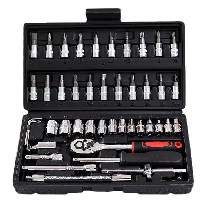 Chrome vanadium steel socket ratchet wrench set with multiple pieces for auto and home repair.
