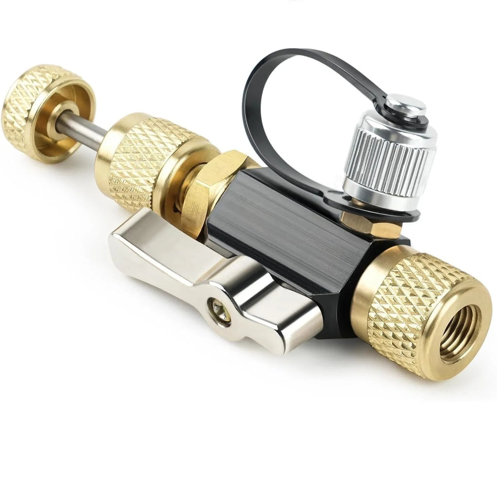 Vacuum valve core disassembly tool set showing metal construction with valve remover and optional wrench