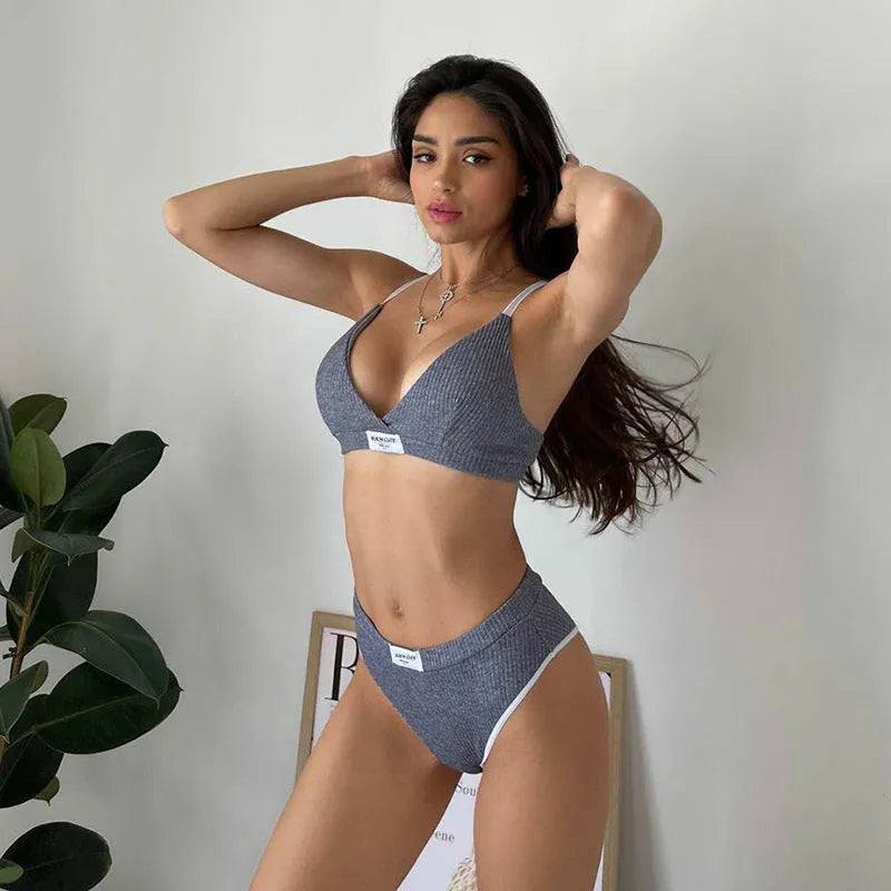 Women's grey contrast binding embroidery bikini set with sleeveless top and shorts pants