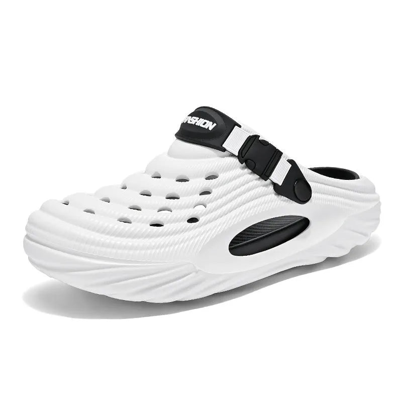 Men's solid colour hollow-out EVA platform slippers in black, white, and light green options