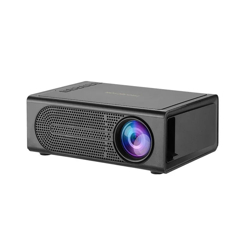 Black portable mini projector with wired mobile phone connectivity and compact design