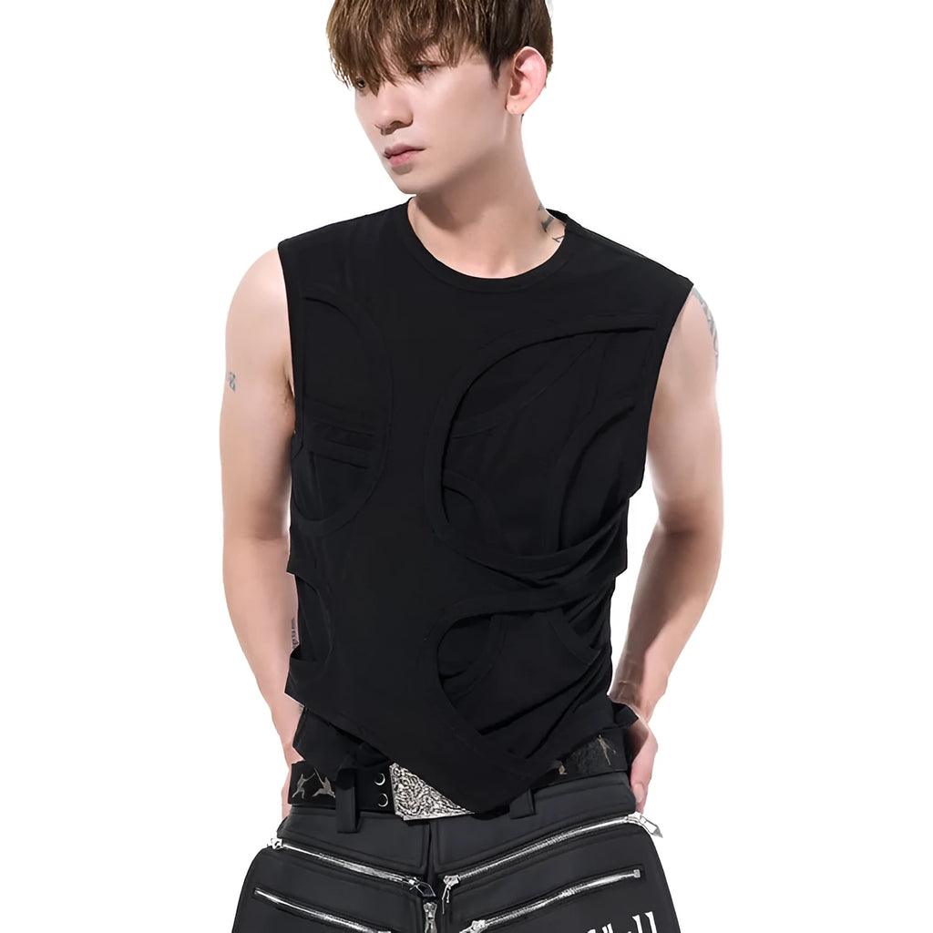 Man's solid black Lyocell sleeveless vest tank top with round neck collar
