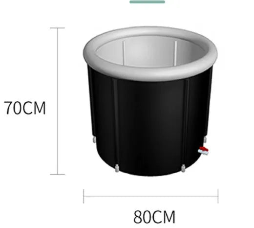 Portable inflatable ice bath in black, size 70x80cm, with weather lid, for outdoor recovery therapy