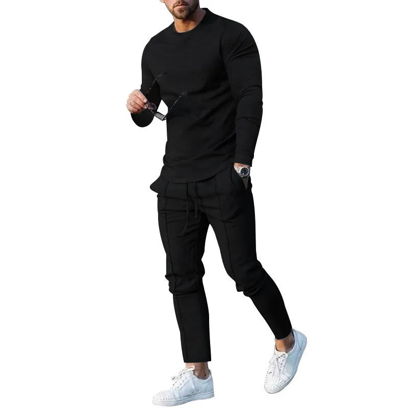 Men's light grey round neck long sleeve T-shirt and matching trousers two-piece polyester suit set.