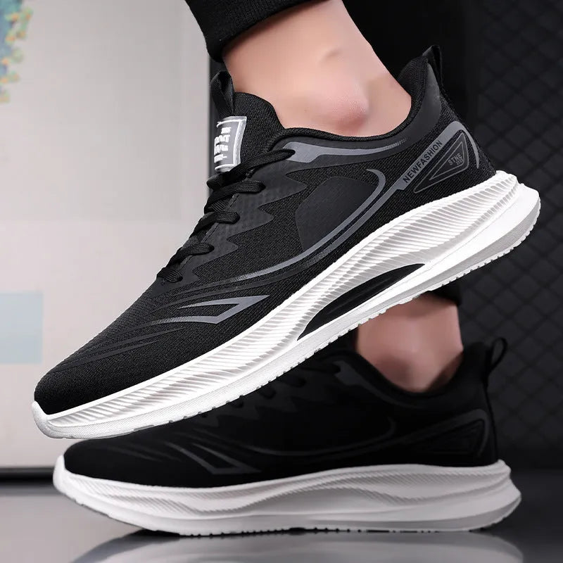 Men's low-top casual shoes in black with woven mesh upper and rubber sole.