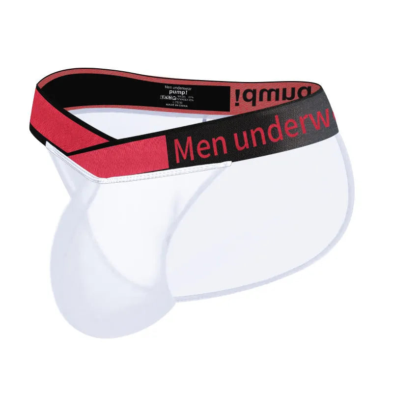 Men's transparent ice silk nylon briefs with low waist large V gradient design in red colour