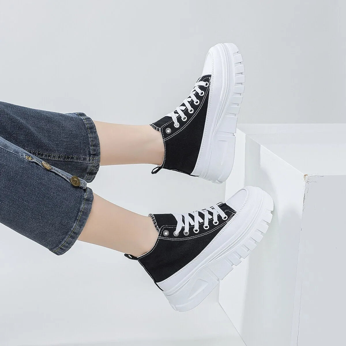 Women black lace-up high top flatform canvas shoes with height increasing insole and T-strap detail