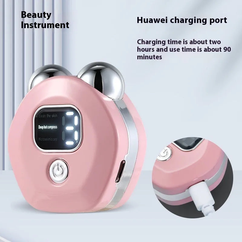 Portable white handheld facial massage instrument with double rollers and a charging cable