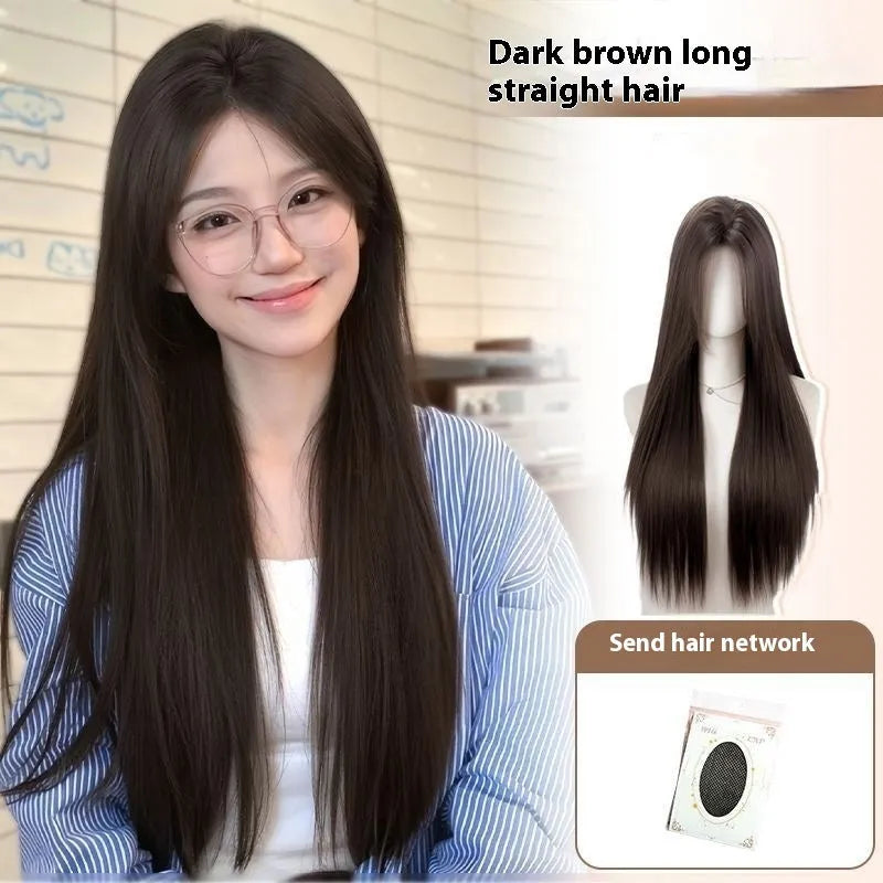 Forehead lace wig mid-length natural black long straight style on mannequin with hair net and clips