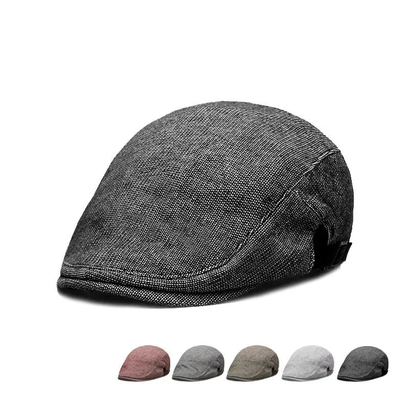 Men's pure colour cotton and linen beret in dome crown style, adjustable 55-58cm, available in black, brown, dark gray, light gray